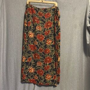 Vibrant Red and Green Floral Maxi Wrap Skirt size 10-12